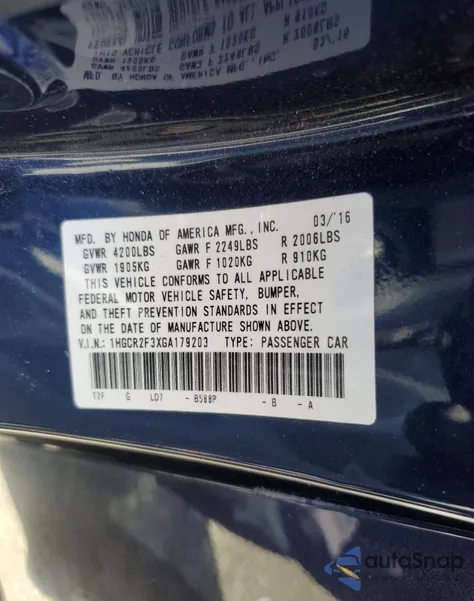 2016 Honda Accord Lx z USA, uszkodzony, nr VIN 1HGCR2F3XGA179203